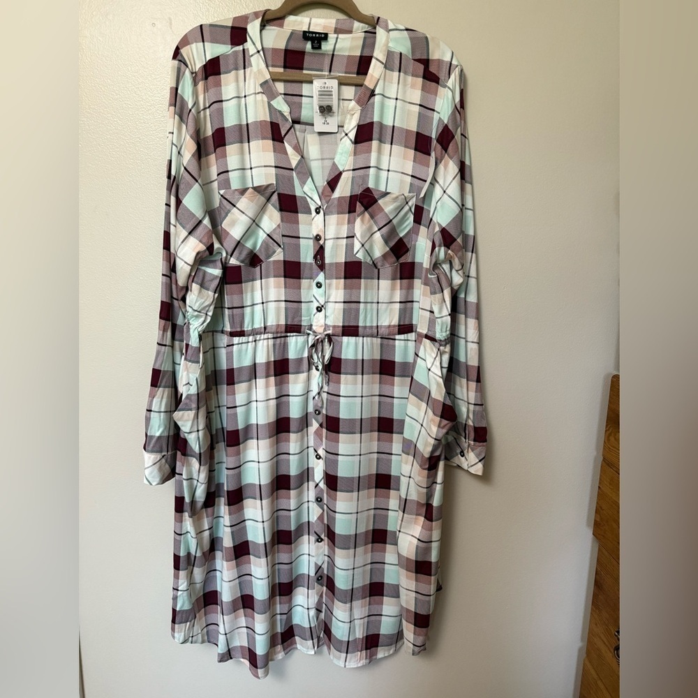 NEW Torrid mini challis button front shirt dress plaid with drawstring waist